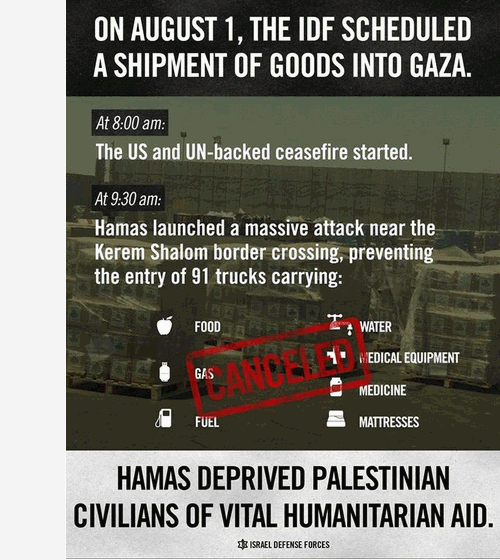 On August 1, the IDF scheduled a shipment of goods into Gaza. 
At 8 a.m. the US and UN-backed ceasefire started. 
At 9:30 a.m. Hamas launched a massive attack near the Kerem Shalom border crossing, preventing the entry of 91 trucks 
carrying food, gas, fuel, water, medical equipment, medicine and mattresses. Hamas deprived Palestinian citizens of 
vital humanitarian aid.