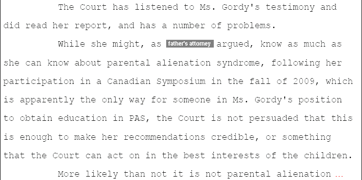 Debra Gordy does a bullshit PAS testimony siding with abusive father client